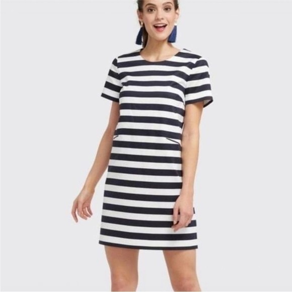 Draper James Navy Blue Striped Nautical Shift Dress Size 6 Preppy Classic Cotton - Picture 2 of 12